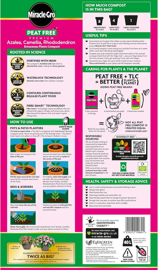 MiracleGro Peat-Free Azalea, Camellia, Rhododendron Ericaceous Compost - 40L