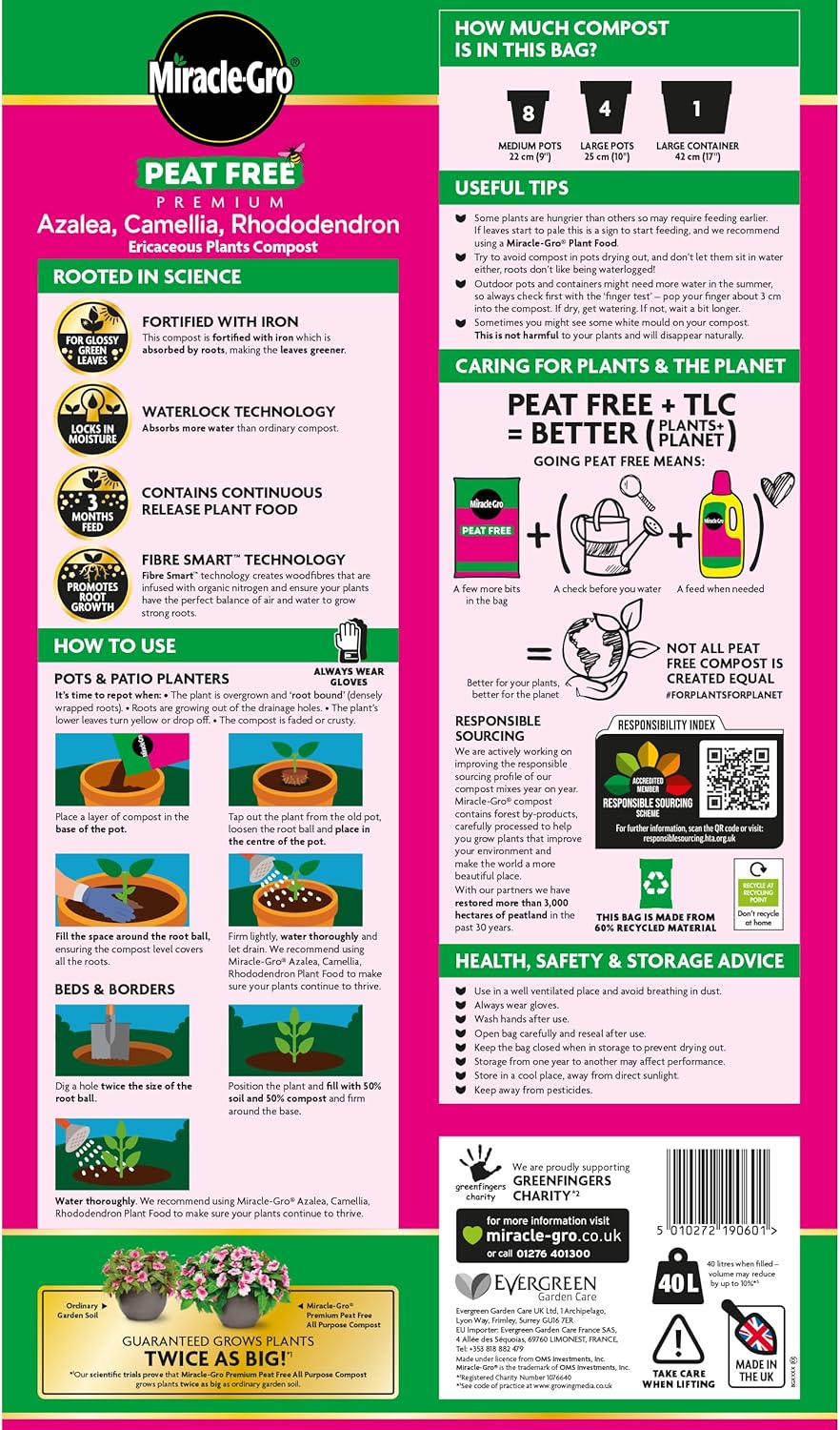 MiracleGro Peat-Free Azalea, Camellia, Rhododendron Ericaceous Compost - 40L