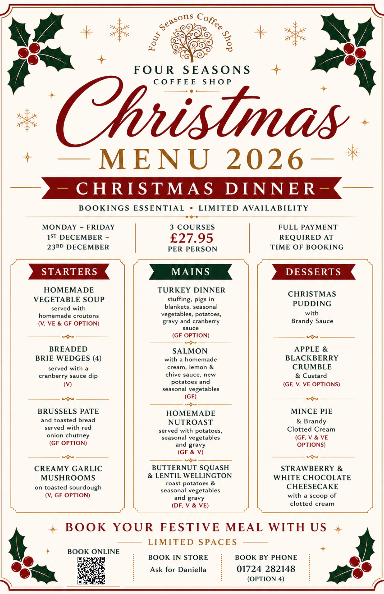 3 Courses Christmas Lunch - £27.95 per person