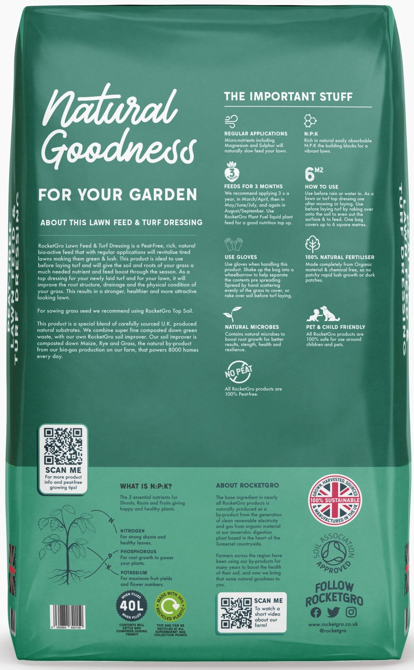 RocketGro Peat-Free Lawn Feed & Turf Dressing - 40L