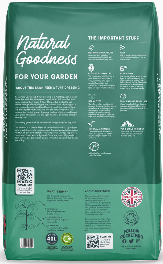 RocketGro Peat-Free Lawn Feed & Turf Dressing - 40L