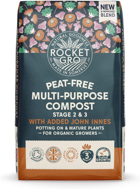 Rocket gro Peat free multipurpose compost with added john innes stage 2 and 3 pottingon of mature plants 40 litre bag